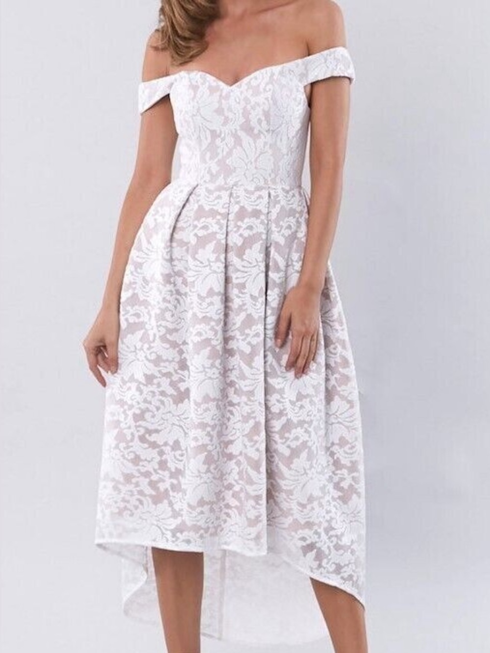 Off-Shoulder White Lace High-Low Dress